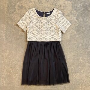 Weston Dress Womens Small Cream Navy Lace Tulle Fit & Flare Knee Length Party